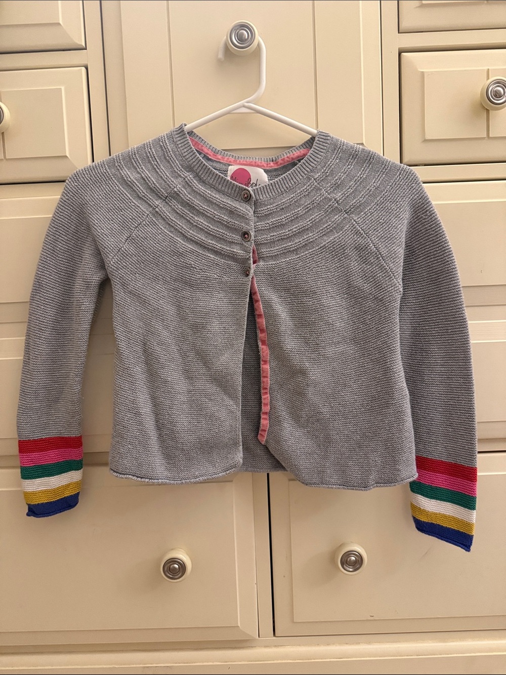 Mini Boden Gray Cardigan with Rainbow Stripe Cuffs